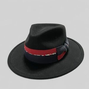 Adora Black Wool Fedora Hat with Red & Navy Ribbon Band